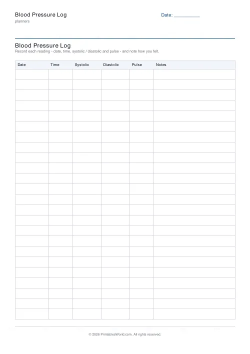 Free printable blood pressure log — 24 readings — PDF download