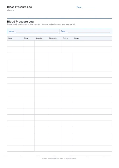 Free printable blood pressure log — With name/date — PDF download