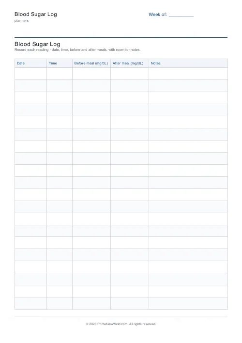 Free printable blood sugar log — mg/dL — PDF download