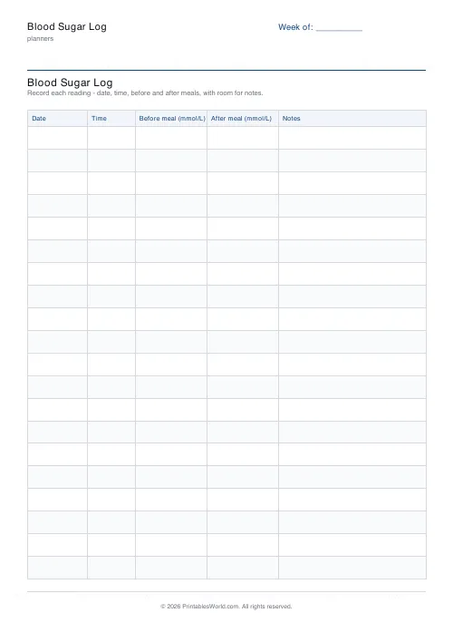 Free printable blood sugar log — mmol/L — PDF download