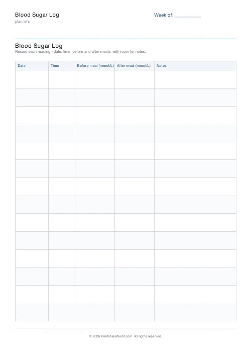 Free printable blood sugar log — 14 readings — PDF download