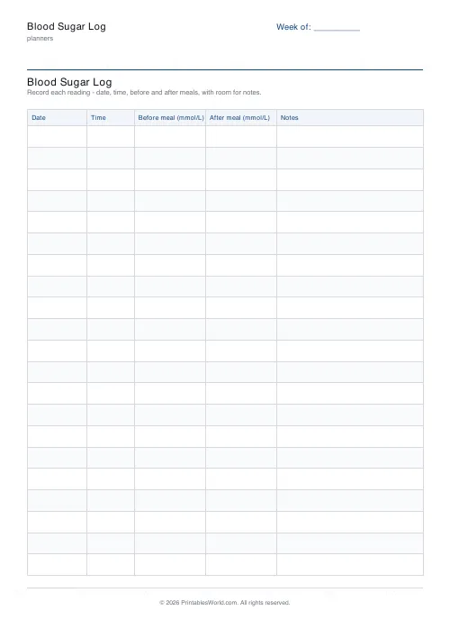 Free printable blood sugar log — 21 readings — PDF download