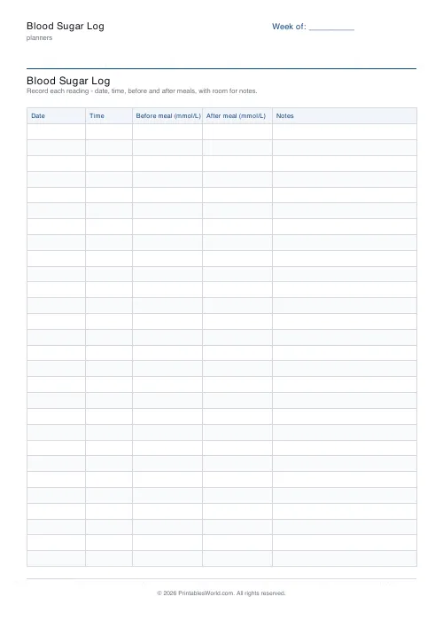 Free printable blood sugar log — 28 readings — PDF download