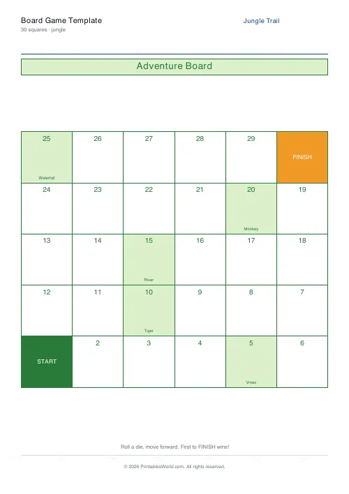 Free printable board game template — Jungle — PDF download
