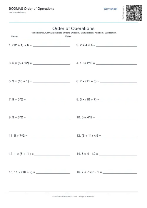 Free printable order of operationsworksheet — With exponents — PDF download