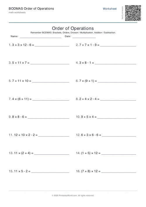 Free printable order of operationsworksheet — Up to 12 — PDF download