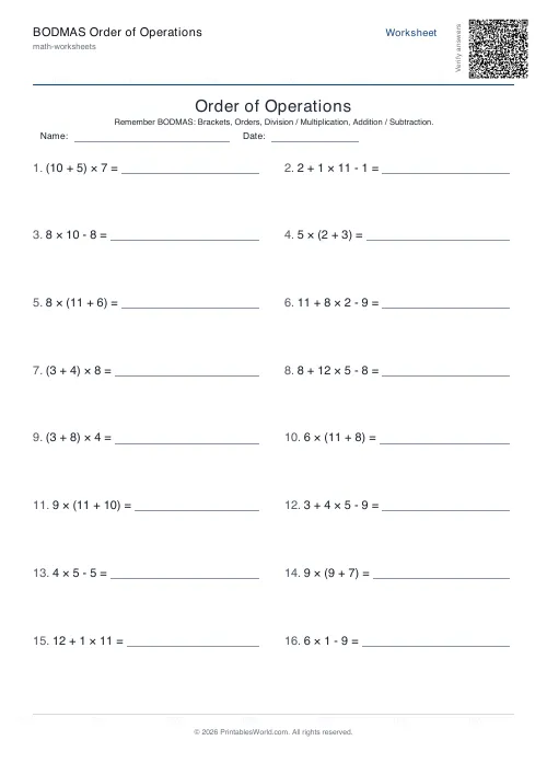 Free printable order of operationsworksheet — No exponents, with answer key — PDF download