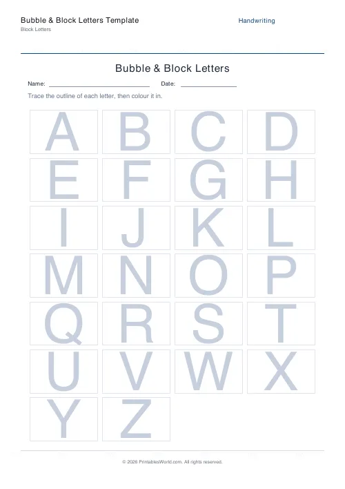 Free printable bubble & block letters — 4 across — PDF download