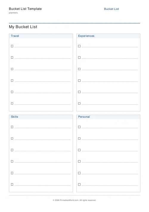 Free printable bucket list — 5 per category — PDF download
