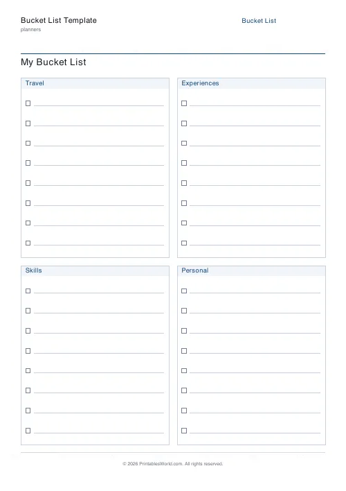 Free printable bucket list — 8 per category — PDF download