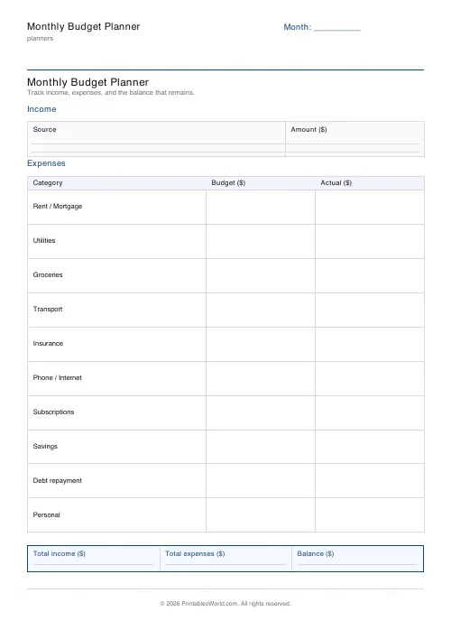 Free printable budget planner — Dollars (USD) — PDF download