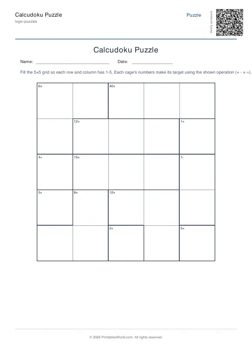 Free printable calcudoku puzzle — Easy — PDF download