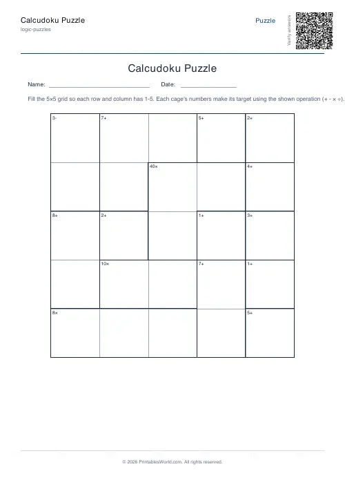 Free printable calcudoku puzzle — 5x5, with answer key — PDF download