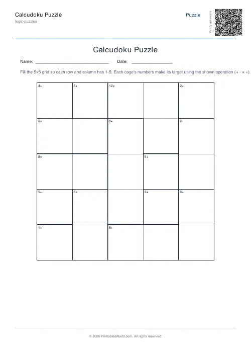 Free printable calcudoku puzzle — Medium — PDF download