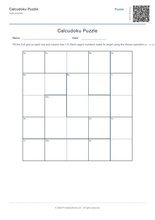 Free printable calcudoku puzzle — Hard — PDF download