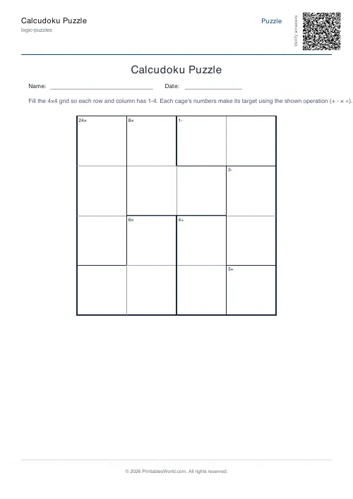 Free printable calcudoku puzzle — 4x4 — PDF download