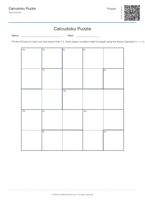 Free printable calcudoku puzzle — 5x5 — PDF download