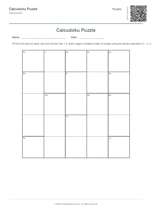 Free printable calcudoku puzzle — Easy, with answer key — PDF download