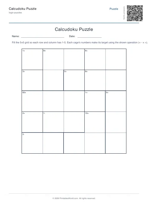 Free printable calcudoku puzzle — Medium, with answer key — PDF download