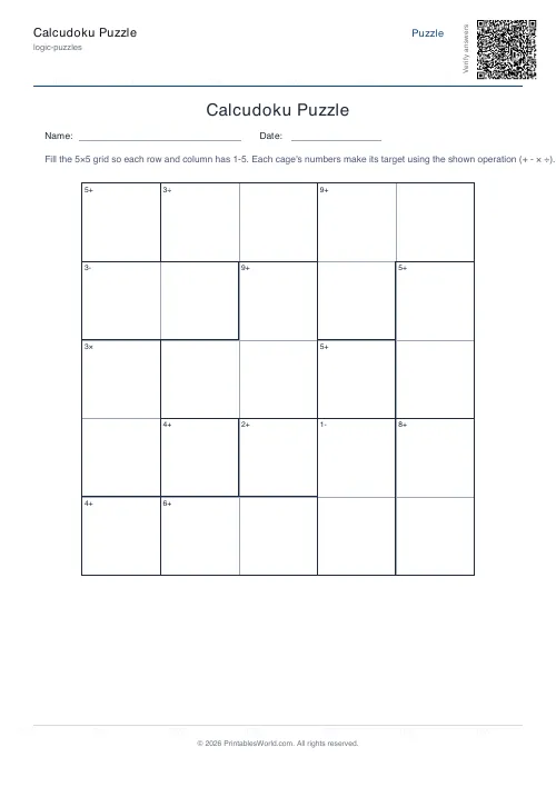 Free printable calcudoku puzzle — Hard, with answer key — PDF download