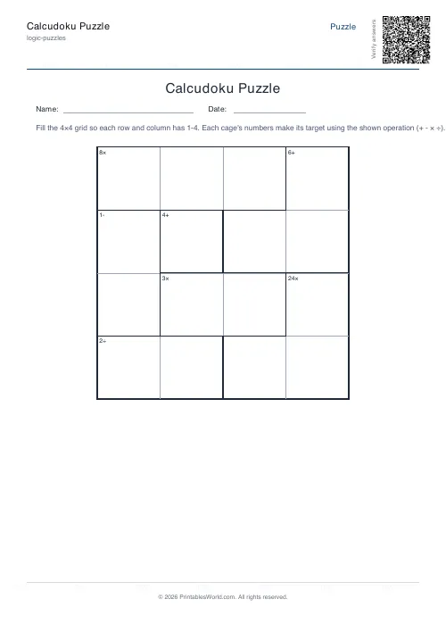 Free printable calcudoku puzzle — 4x4, with answer key — PDF download