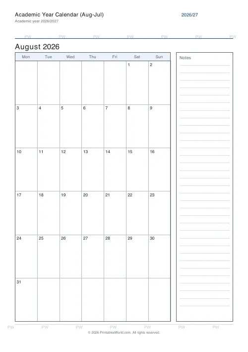 Free printable academic year calendar — Monday start — PDF download