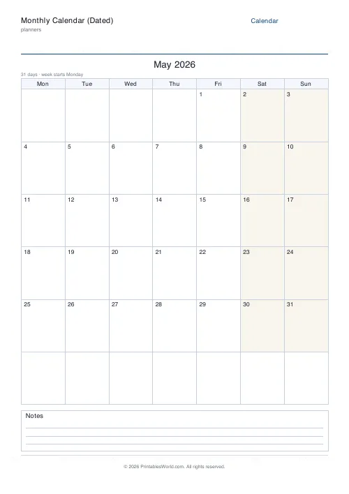 Free printable dated monthly calendar — May — PDF download