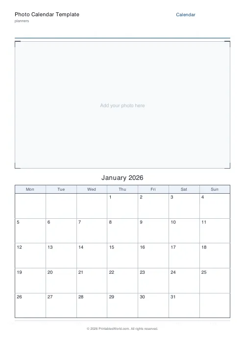 Free printable photo calendar template — Medium photo — PDF download