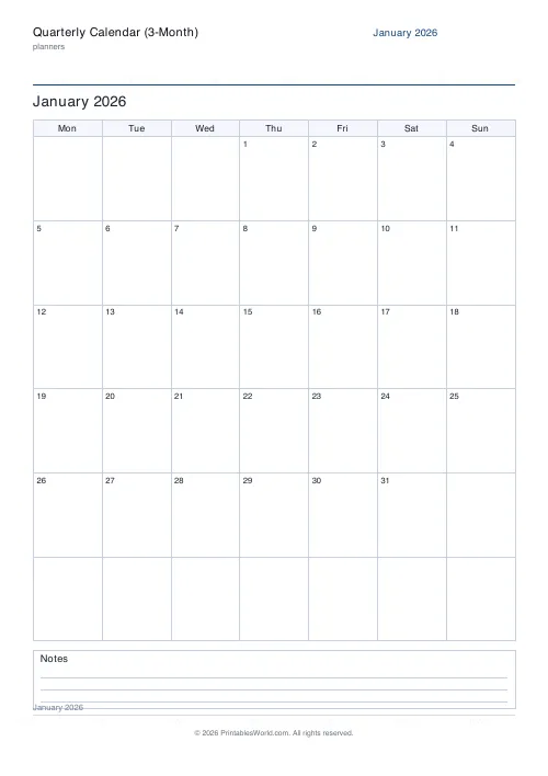 Free printable dated quarterly calendar — Monday — PDF download