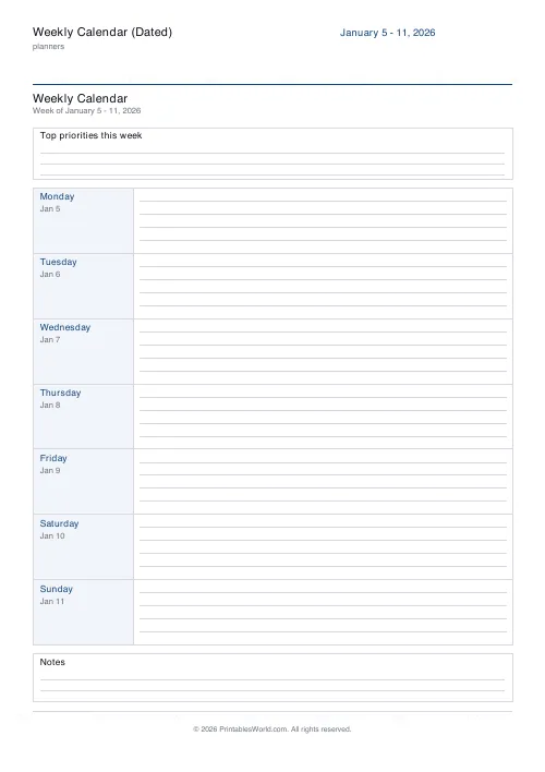 Free printable dated weekly calendar — Day rows — PDF download