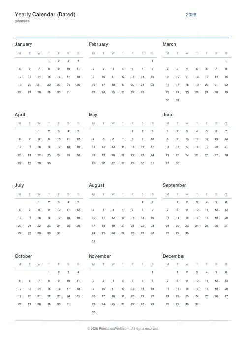Free printable dated yearly calendar — With week numbers — PDF download