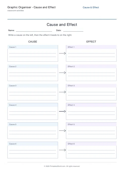 Free printable cause and effect organiser — 6 rows — PDF download