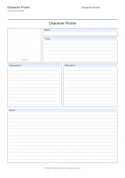 Free printable character profile worksheet — PDF download