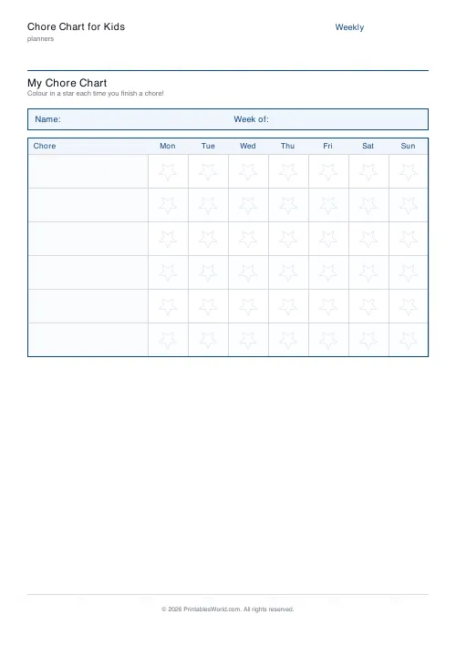 Free printable kids chore chart — 6 chores — PDF download