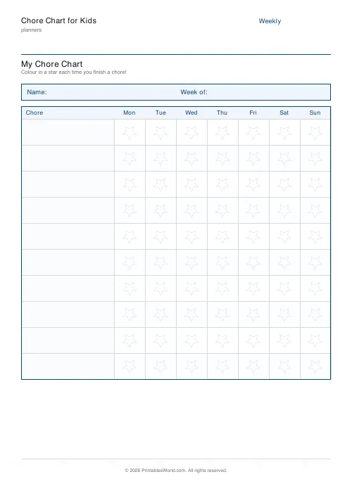 Free printable kids chore chart — 10 chores — PDF download