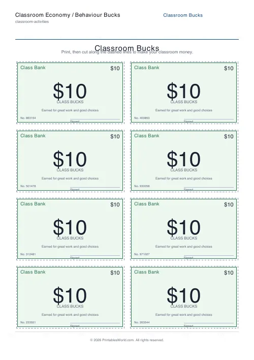 Free printable classroom money / behaviour bucks — 10 note — PDF download