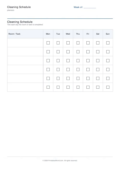Free printable cleaning schedule — 5 rooms — PDF download