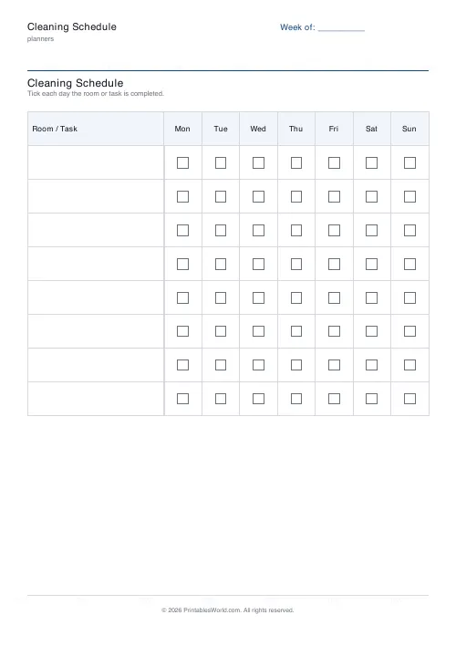 Free printable cleaning schedule — 8 rooms — PDF download