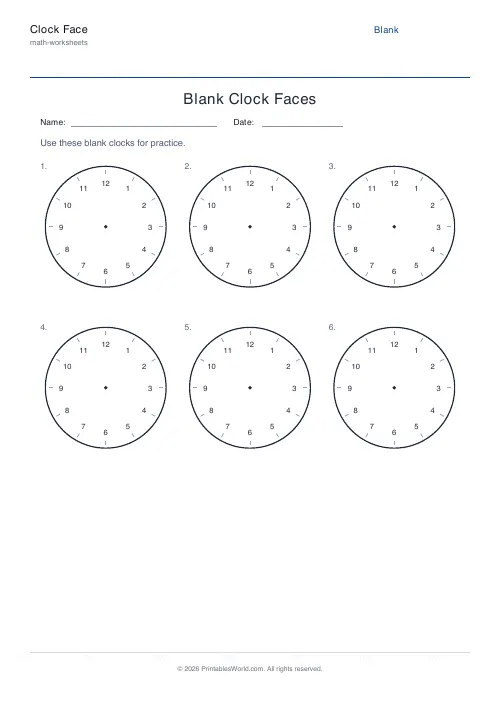 Free printable clock face worksheet — Blank clocks, with answer key — PDF download