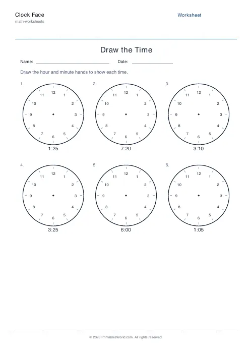 Free printable clock face worksheet — Draw the hands — PDF download