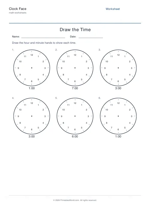 Free printable clock face worksheet — Half past, with answer key — PDF download