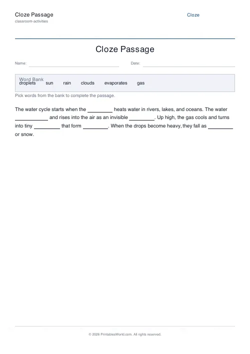 Free printable cloze passage worksheet — Shuffled — PDF download