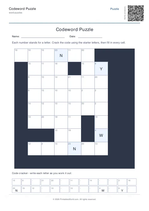 Free printable codeword puzzle — 9x9 — PDF download