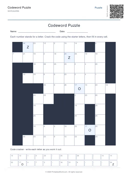 Free printable codeword puzzle — 2 starters — PDF download