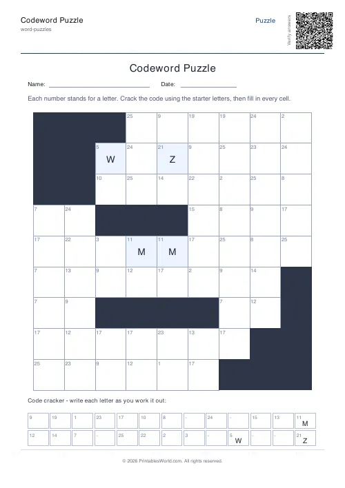 Free printable codeword puzzle — 9x9, with answer key — PDF download