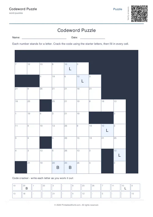 Free printable codeword puzzle — 2 starters, with answer key — PDF download