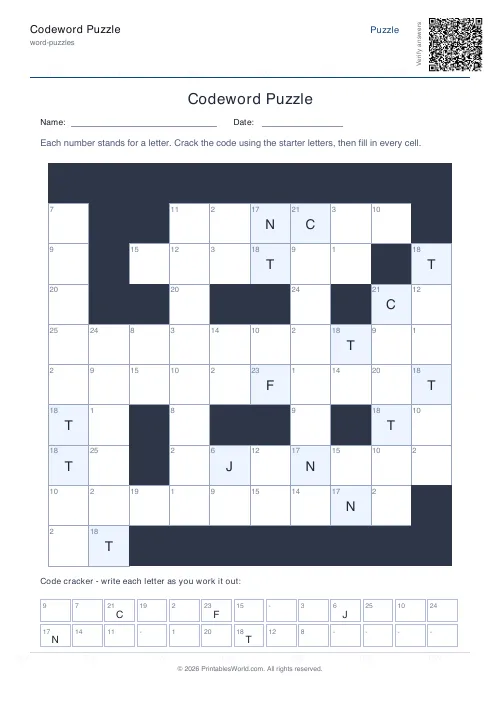 Free printable codeword puzzle — 5 starters, with answer key — PDF download