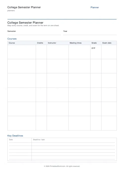 Free printable college semester planner — PDF download
