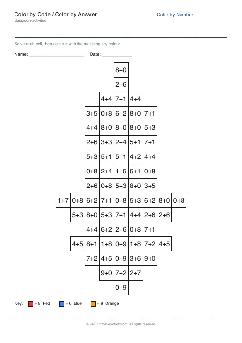 Free printable color-by-number worksheet — Addition — PDF download