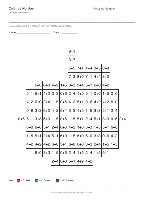 Free printable color-by-number worksheet — Addition — PDF download
